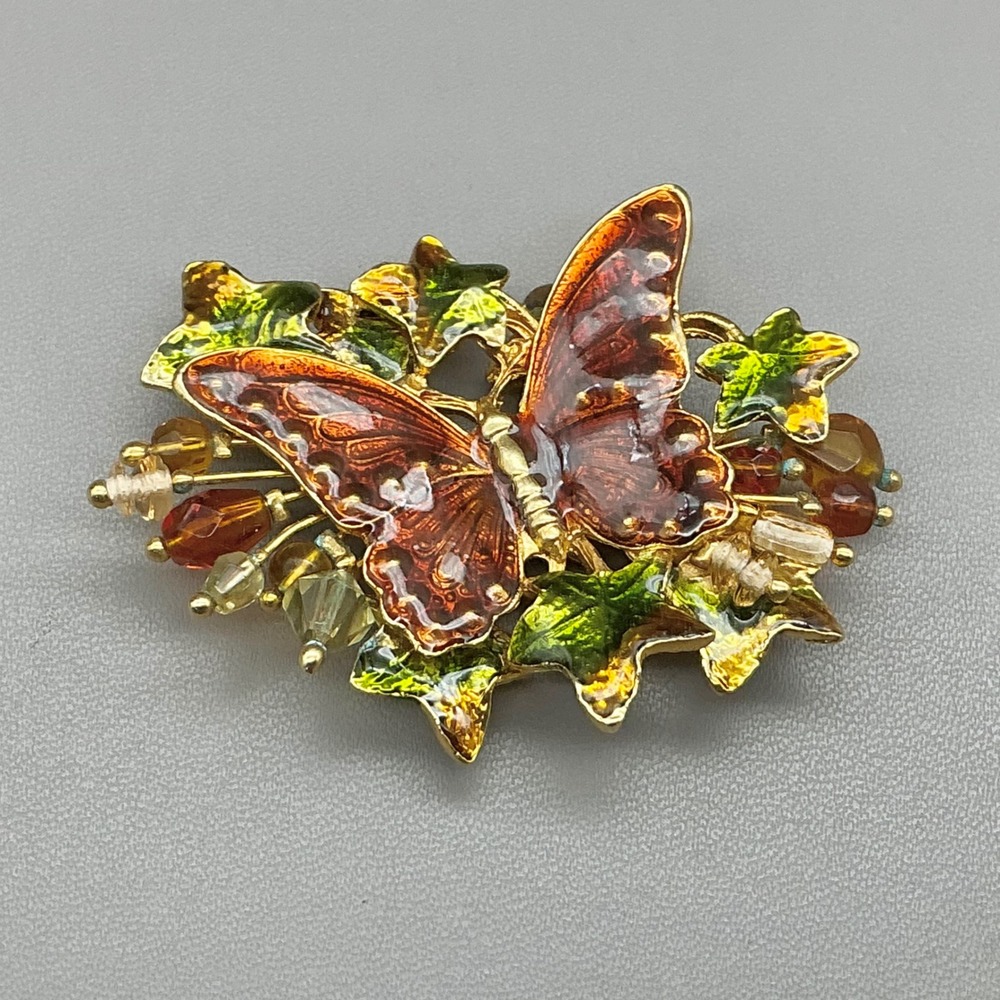 Ken Craft Butterfly Brooch Women Orange Green Enamel Beaded Gold Tone Vintage